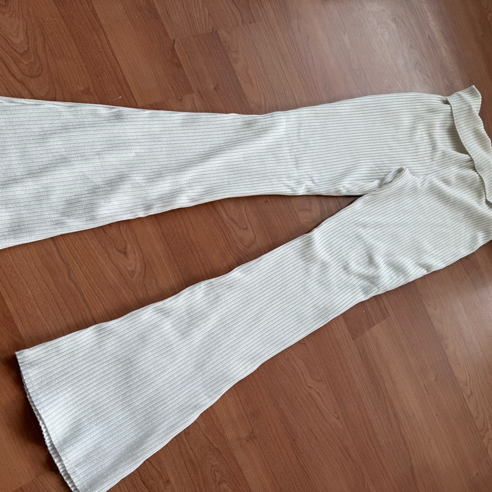 Cream Ribbed Flare Pants